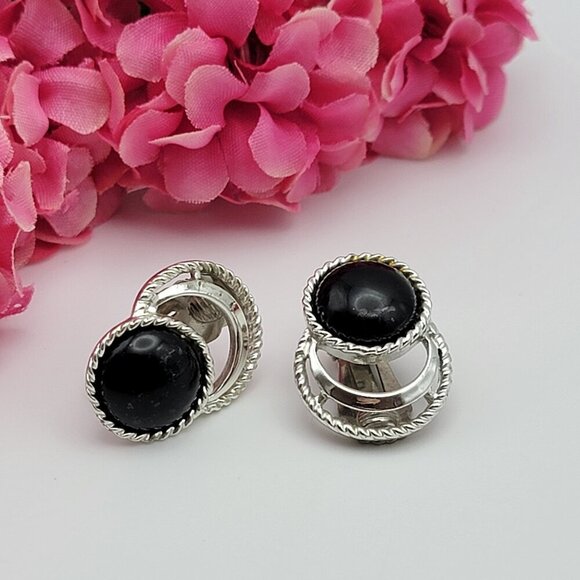 Sarah Coventry Jewelry - Vtg. Sarah Coventry Modernist Silver Tone Black Lucite Stud Earrings Clip On 1"